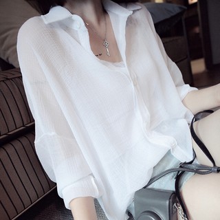 Áo sơ mi nữ lụa mỏng trắng basic đơn giản phong cách Hàn Quốc