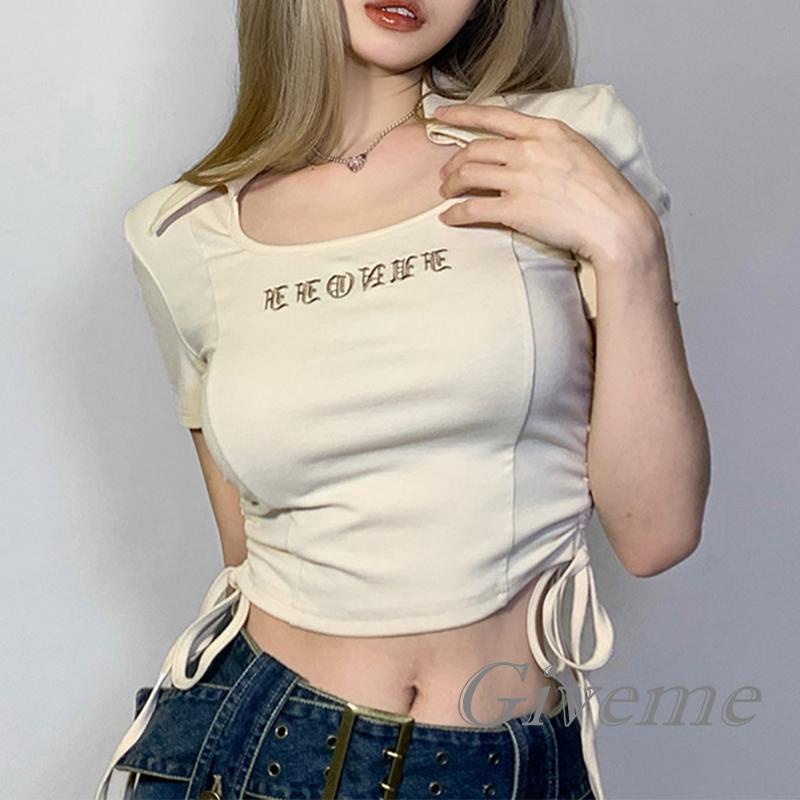 Áo Thun Croptop Cổ Bẻ Tay Ngắn Thêu Chữ Phối Dây Rút Thời Trang Mùa Hè Cho Nữ