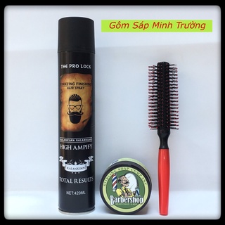 Gôm xịt tóc tạo phồng The Pro Lock 420ml + Sáp vuốt tóc Barber Shave 85g dòng clay wax siêu cứng + Lược