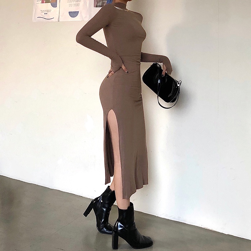 ĐẦM BODY THUN DÀI CỔ CAO XẺ TÀ TAY XỎ NGÓN SEXY - BODYCON DRESS COTI OFFICIAL