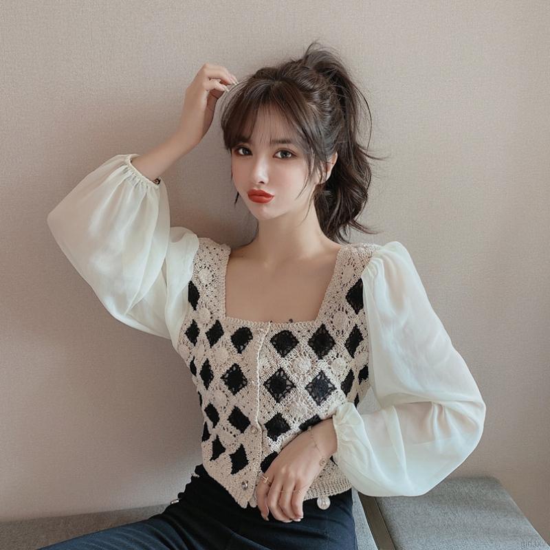 Áo sơ mi chiffon dệt kim cổ vuông tay phồng phối nút kiểu retro Hàn Quốc xinh xắn cho nữ