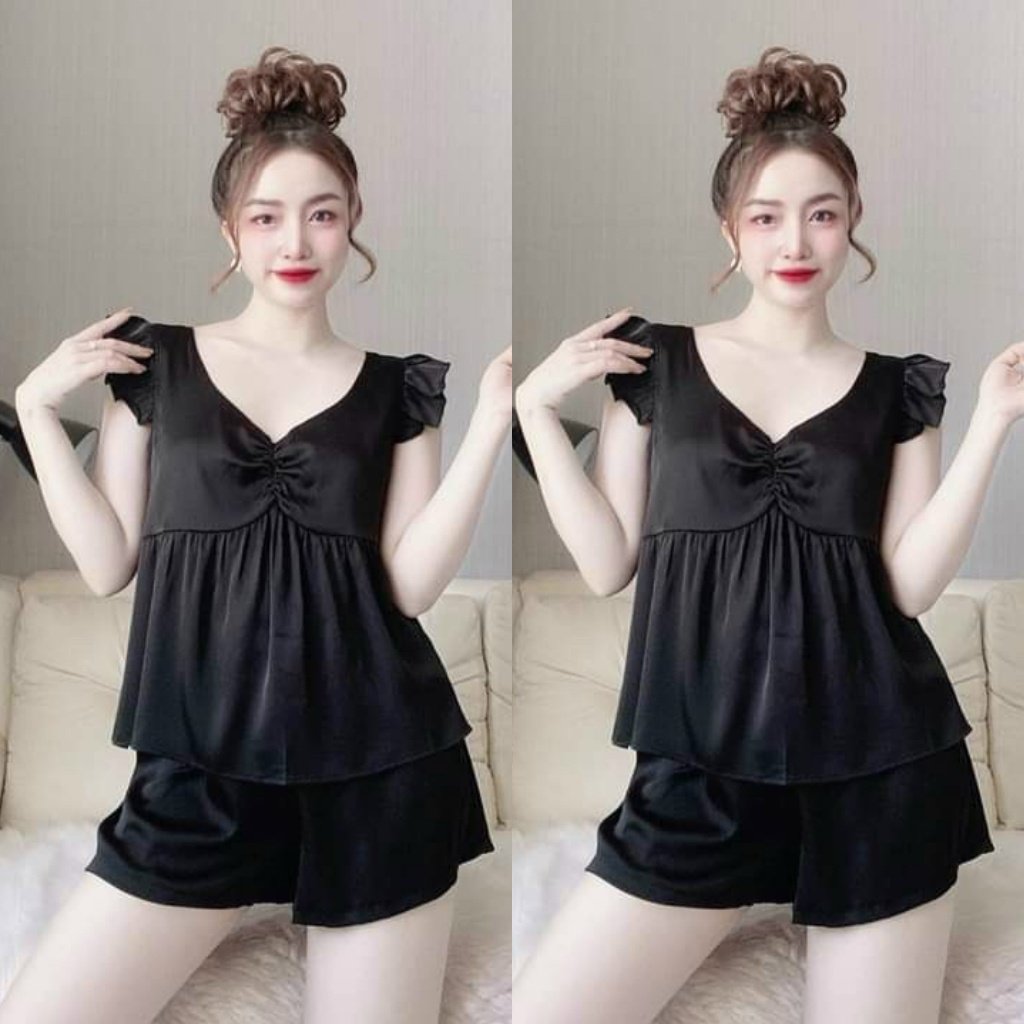 Đồ ngủ sexy gợi cảm mặc nhà thoải mái chất satin mềm mát cổ nhún dễ thương Freesize 40-57kg - Linqustore