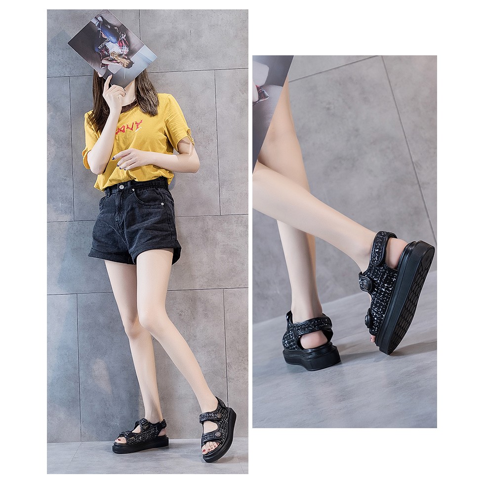 SANDAL ULZZANG C ĐẾ CAO 4CM HAI QUAI VẢI DÁN ÊM CHÂN  ẢNH THẬT