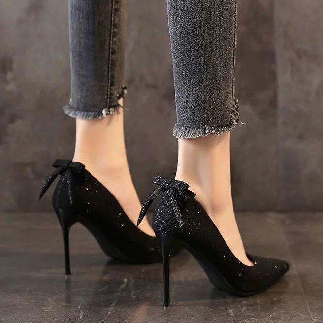 Giày cao gót mũi nhọn gót nhọn cao vừa đính kim sa phối nơ thời trang xuân thu mới 2021 size lớn dễ phối đồ