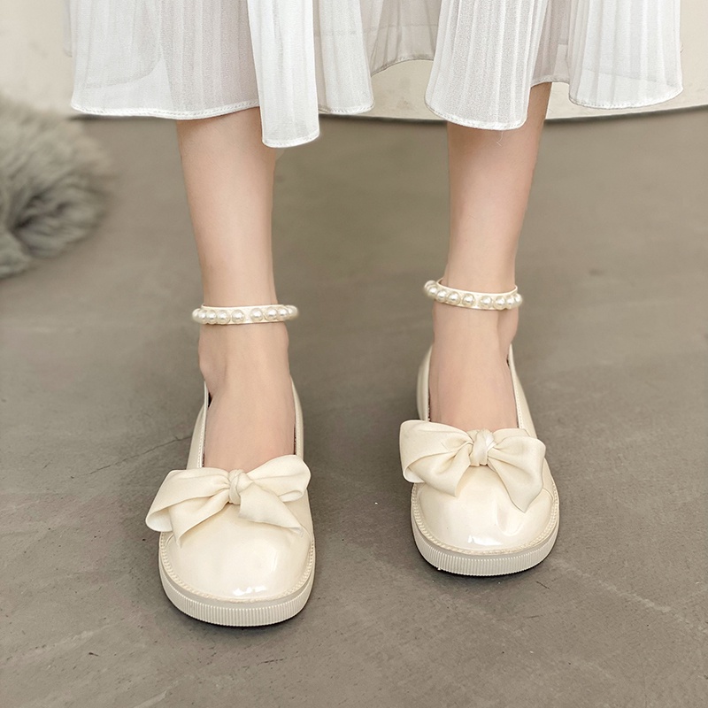 Giày Búp Bê Da Bóng Mũi Tròn Đính Pha Lê Phong Cách Lolita Cho Nữ