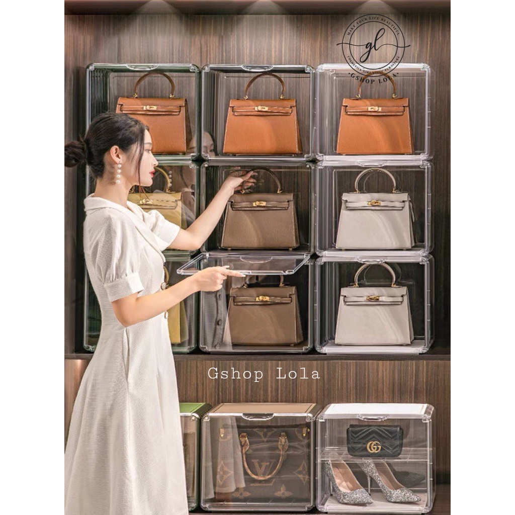 Hộp đựng túi bằng nhựa bigsize trong suốt chống bụi, có thể chồng tầng tiện lợi