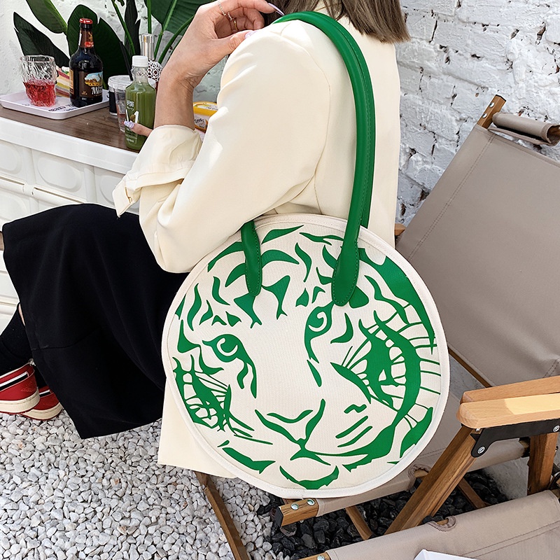 IELGY Túi Đeo Vai Vải canvas Dáng Tròn In Hình Động Vật Dễ Thương Cho Nữ
