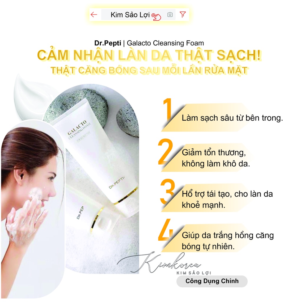 Sữa rửa mặt Dr pepti dưỡng trắng cấp ẩm căng bóng chống lão hóa không nhờn rít không khô da Galacto Cleansing Foam