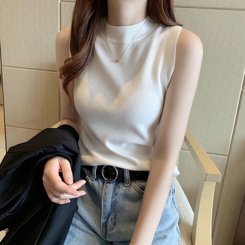 Áo Dệt Kim Sát Nách Cổ Cao Dáng Ôm Thời Trang Mùa Hè Xinh Xắn Cho Nữ