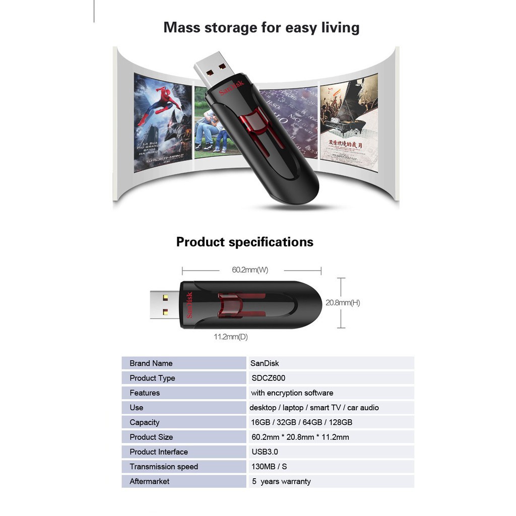 USB 3.0 Chống Mất Dữ Liệu SanDisk CZ600 Cruzer Glide 16GB~64GB Dạng Trượt