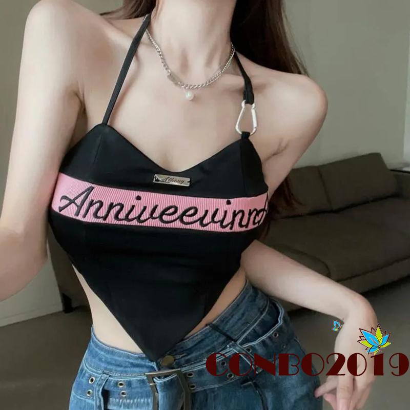 Áo Lửng Cổ Yếm Không Tay Thêu Chữ Thời Trang Mùa Hè Cho Nữ