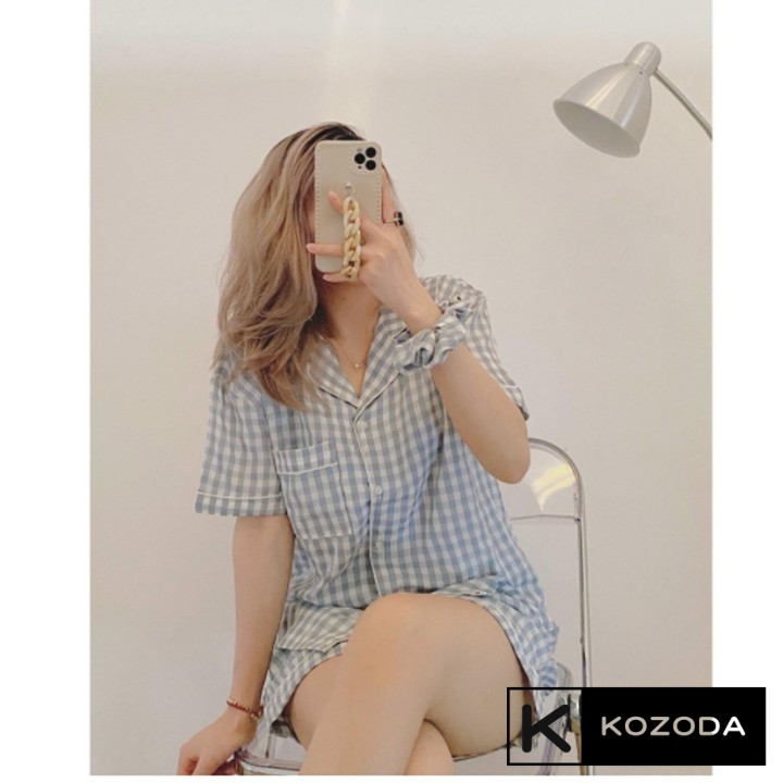 Set Pijama kẻ caro kèm scrunchies siêu xinh, Bộ đồ kẻ kèm chun buộc tóc mặc đi chơi mặc ở nhà đẹp dáng tôn da Kozoda M54 | BigBuy360 - bigbuy360.vn