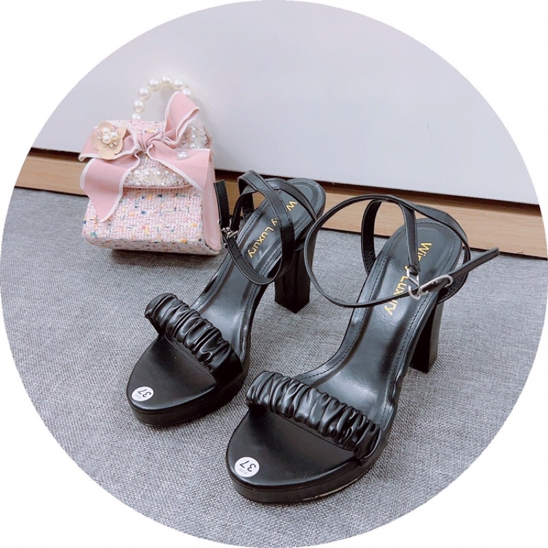 Giày cao gót- Giày sandal cao 12cm gót vuông mũi tròn quai nhún ngang da lì