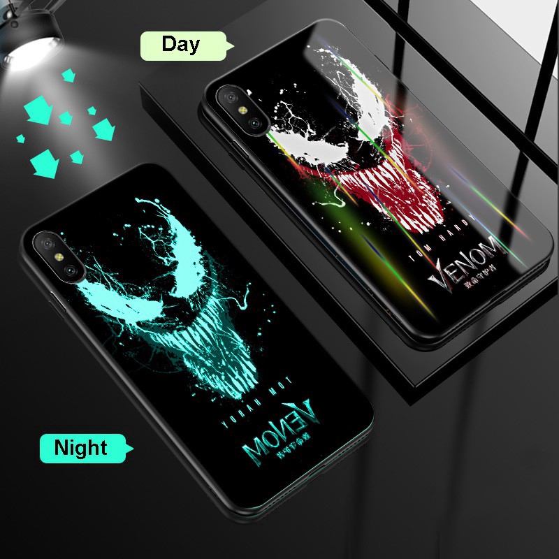 Ốp điện thoại mặt kính cường lực họa tiết Venom màu dạ quang thời trang cho iPhone 11 iPhone XS Max X XS XR 6 6S Plus 7 Plus 8 Plus