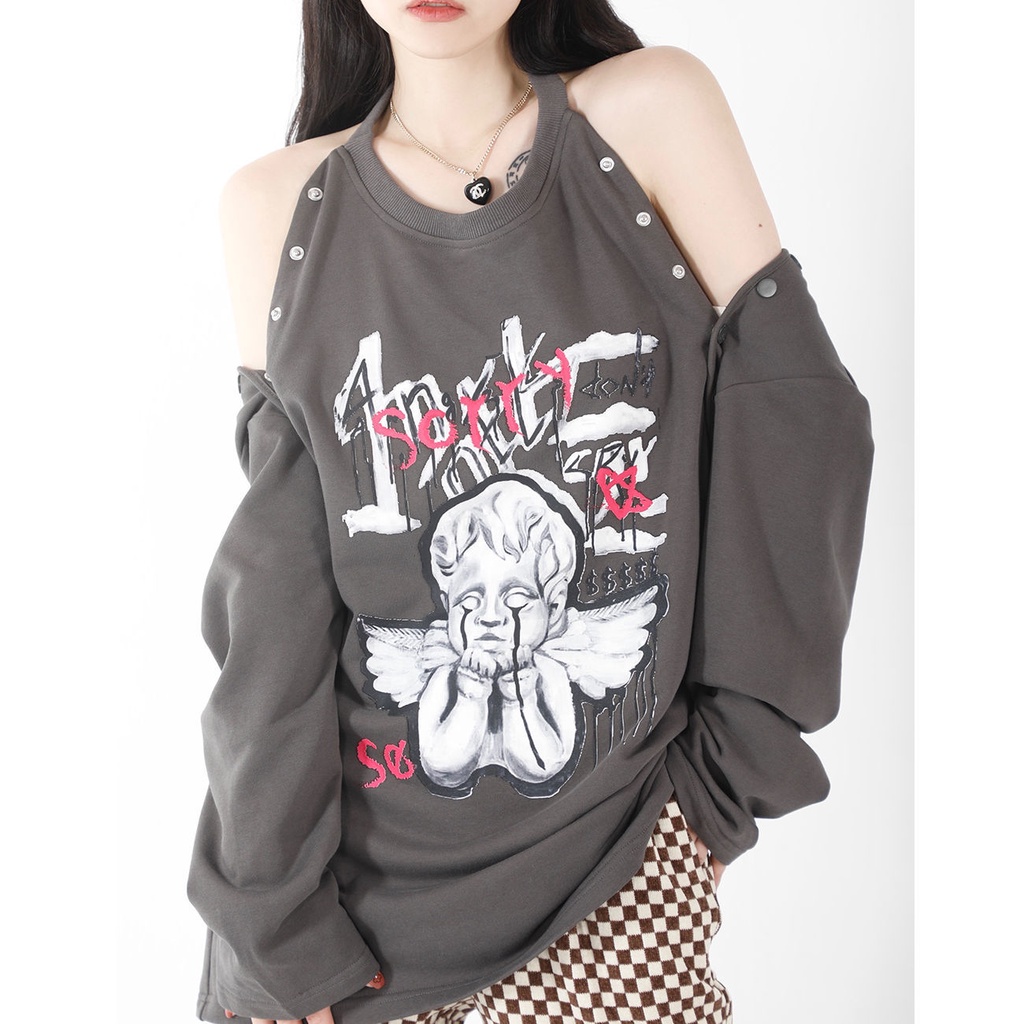 Devil angel print off-shoulder round neck sweater women's Korean style chic design sense relaxed-fit casual long-sleeved top trendy QYX0