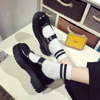 [Ảnh Thật Ở Sau] Giày Mary Jeans Da Bóng Đế Bằng Cao Giày Búp Bê Giày Đồng Phục Học Sinh Nữ