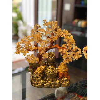 Cây Tài Lộc với tiểu cảnh thiềm thừ và bát tụ bảo, hủ vàng phong thủy đá TA. vàng - Cao 30cm