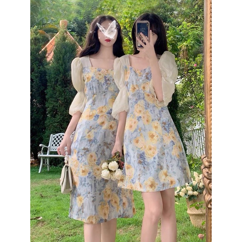 Đầm chiffon nữ in hoa tay bồng nhún nhẹ nhàng M50 | BigBuy360 - bigbuy360.vn
