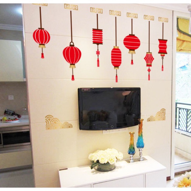 Decal trang trí Tết - Rèm Dây Lồng Đèn Đỏ kèm chữ vàng ánh