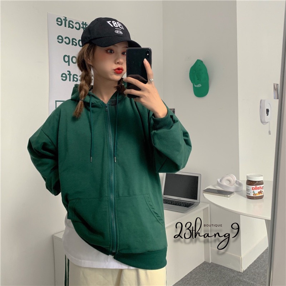 Áo khoác nỉ hoodie áo khoác nỉ trơn nam nữ tay phồng form rộng zip basic unisex phong cách ulzzang đi phố 23thang9 | BigBuy360 - bigbuy360.vn