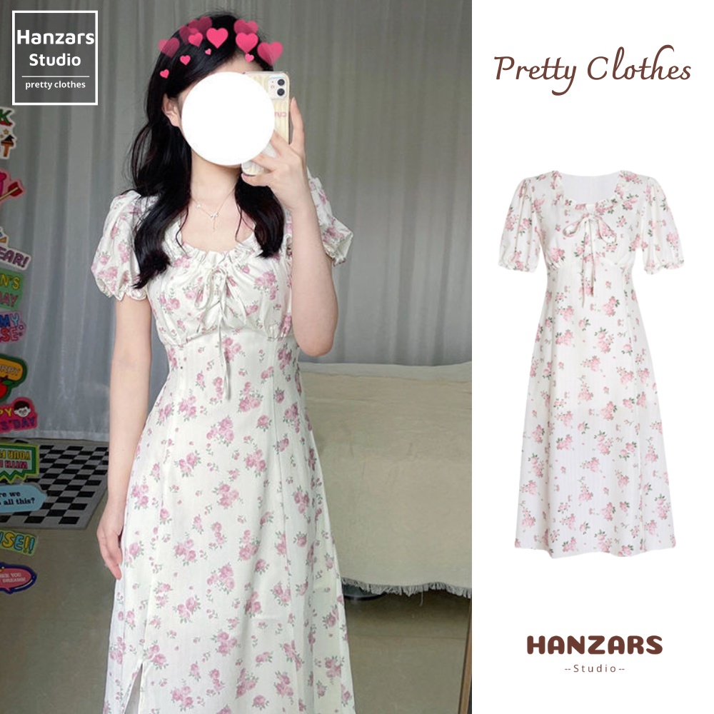 Váy Hoa Nhí Xẻ Tà Dáng Chữ A Tay Bồng Hai Lớp Dày Dặn Vintage Hanzars