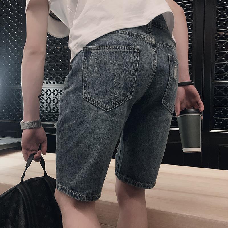 [Spot Fast Hair] Quần jean nam thời trang cá tính mùa hè xé toạc quần short denim năm điểm Phiên bản hàn quốc quần tất l