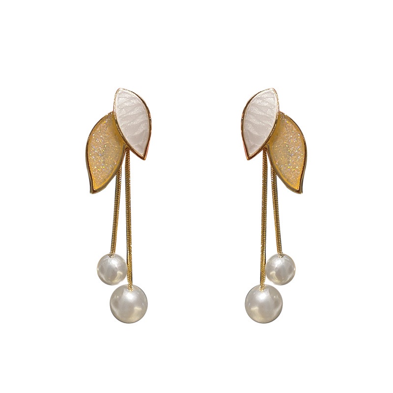 Bông Tai Dáng Dài Đính Lá Và Ngọc Trai Đơn Giản Phong Cách Hàn Quốc