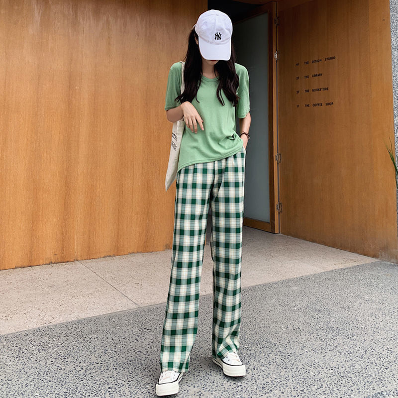 3293❤️ korean pants for women plus size high waist plaid pants loose casual straight leg full length