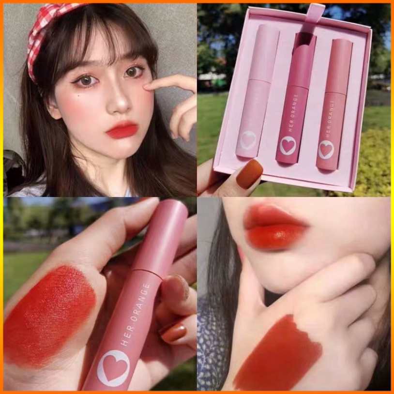 Son kem lì ❤️𝑭𝒓𝒆𝒆𝒔𝒉𝒊𝒑❤️ Set 3 cây son kem lì herorange hộp trái tim hồng siêu cute sang chảnh