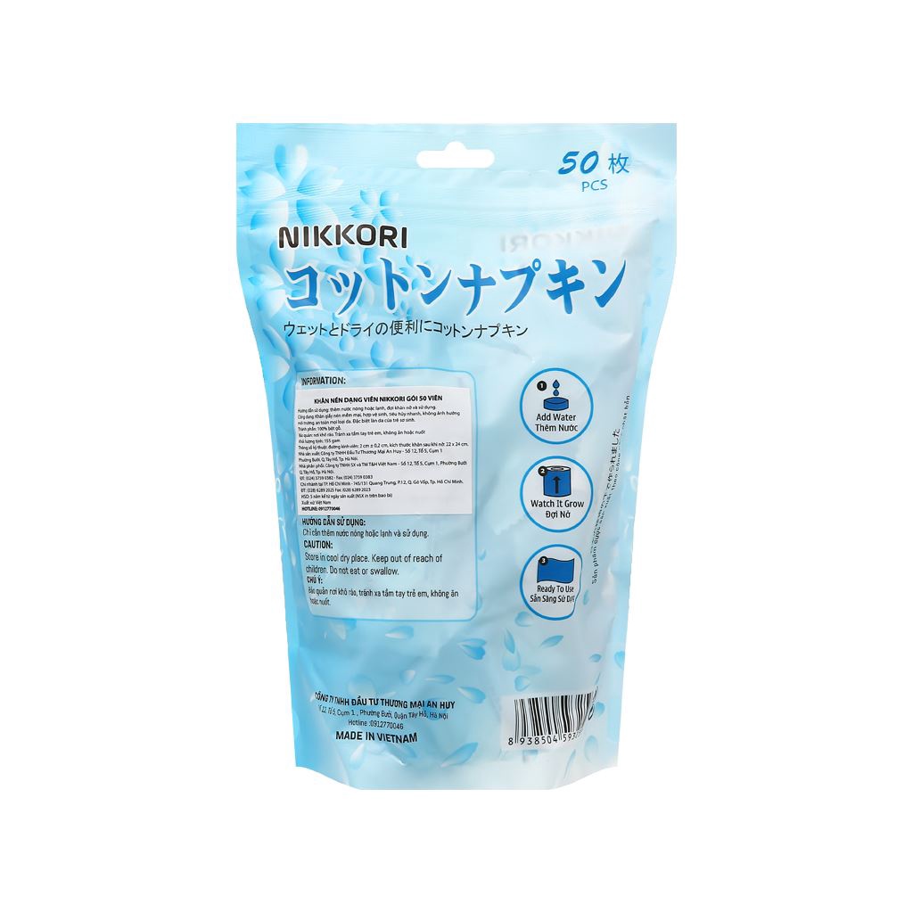 Khăn Giấy khô dạng nén Nikkori ( dạng túi lớn 50 viên)