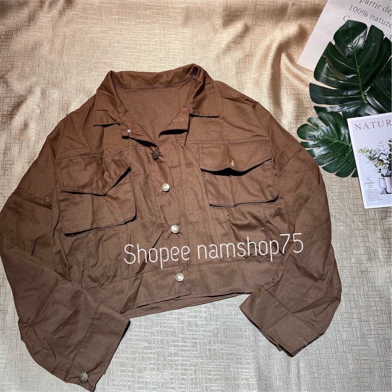 Áo Khoác Kaki Croptop [Freeship] Áo Kaki 2 Màu Nâu Trắng Túi Hộp Mềm Đẹp Dày Dặn