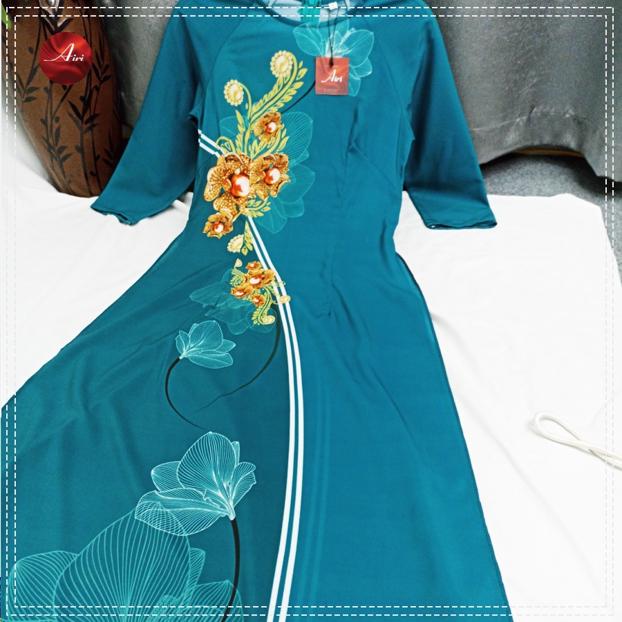 Áo dài nữ hoa nhỏ nền xanh chất vài lụa nhật cao cấp - Áo dài Airi
