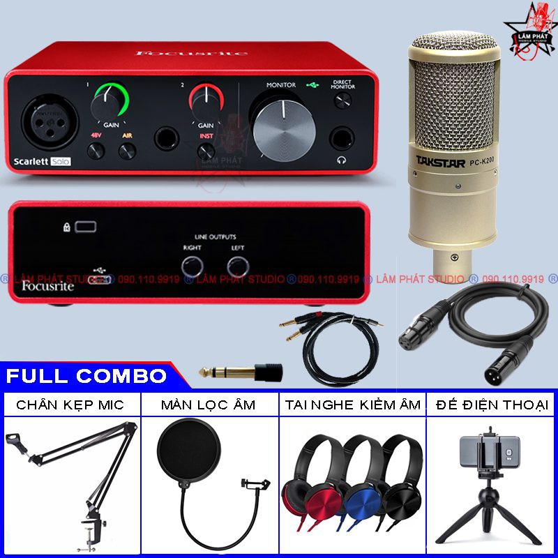 Trọn Bộ Sound Card Focusrite Solo Gen3 Mic PC K200 . Chất Lượng Âm Thanh Cực Hay , Livestream FB , Bigo , Thu Âm