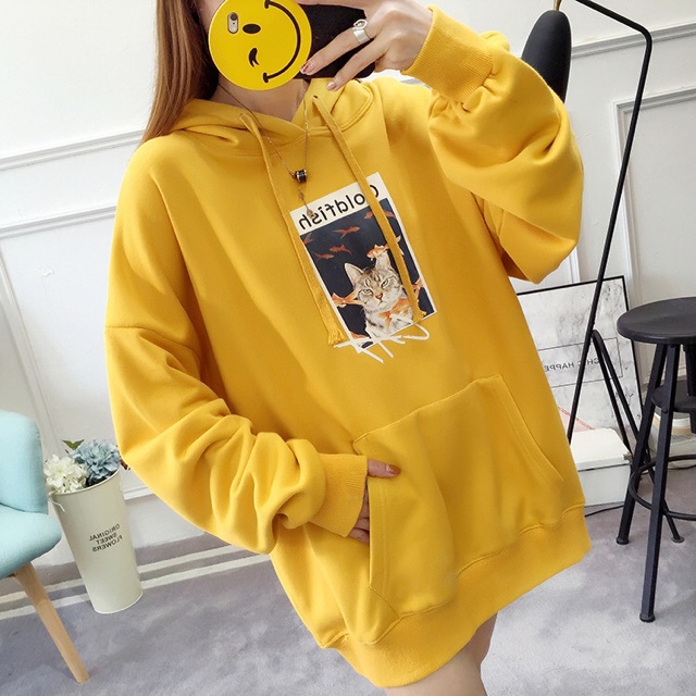 Áo hoodie thun big size có nón in hình mèo size đại 80-95kg màu đỏ, đen, vàng