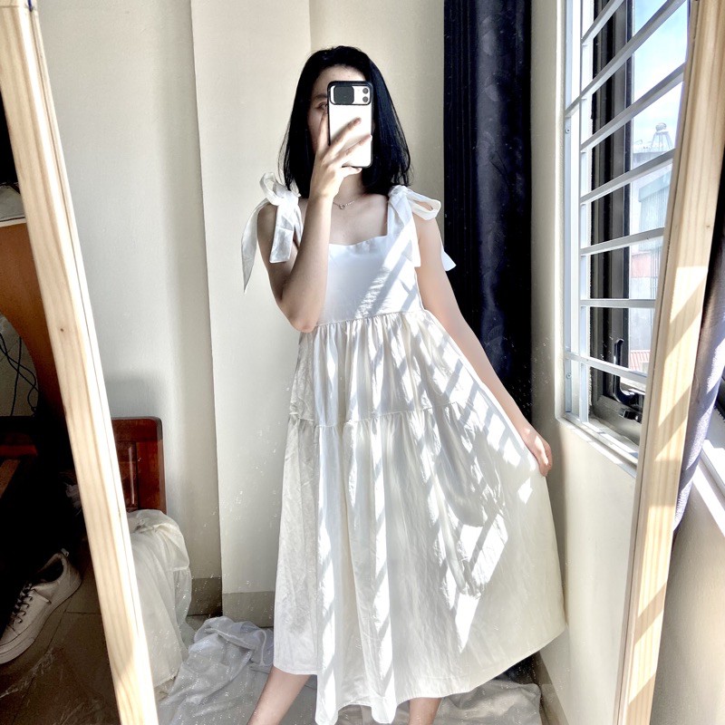 [ẢNH THẬT] Váy hai dây babydoll buộc nơ vai dáng suông