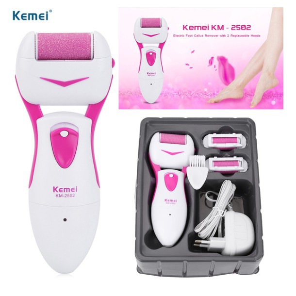 Máy chà gót chân Kemei KM-2502X máy mài gói chân tẩy tế bào chết sạc pin tích điện kèm 2 đầu mài dự phòng tiện lợi