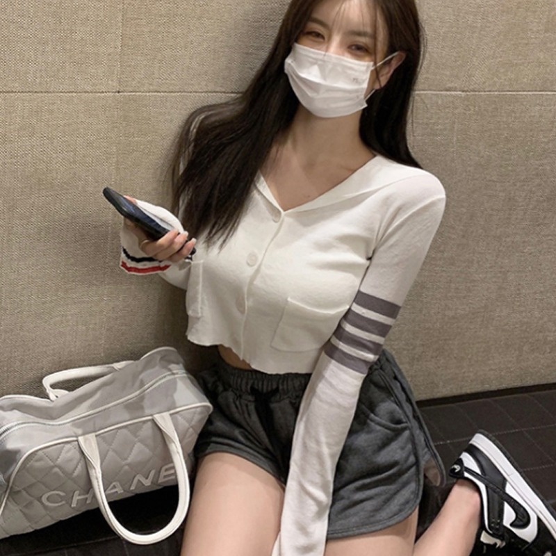 【HangFei】Áo Khoác Dệt Kim Tay Dài Dáng Ôm Hoạ Tiết Kẻ Sọc Thiết Kế Quyến Rũ