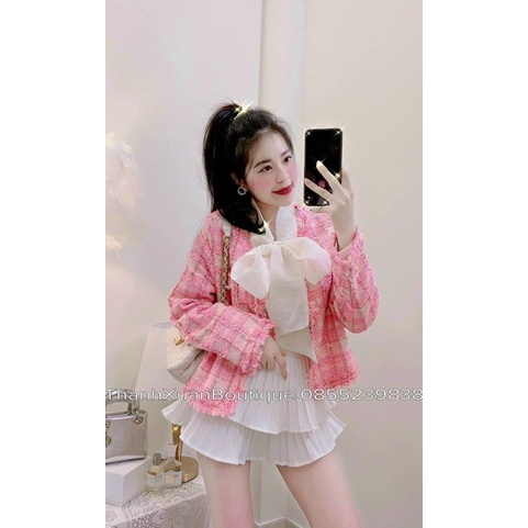 Áo dạ tweed hồng tiểu thư điệu diện thu đông chuẩn đẹp