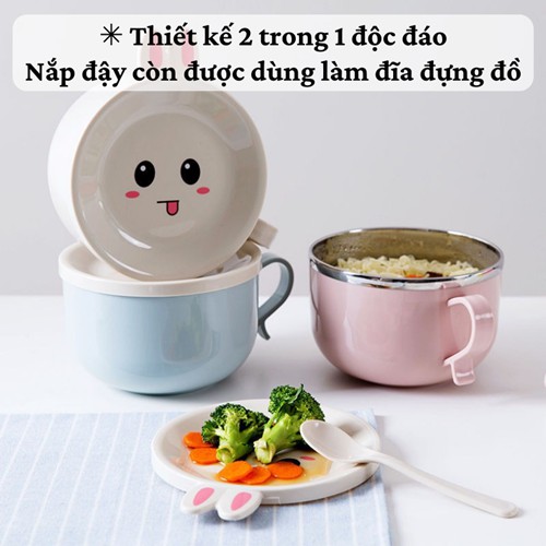 [Tặng kèm thìa] Bát ăn mì 🥗 Tô úp mì inox 2 lớp có nắp chống nóng cao cấp bát ăn cho bé nắp hình thú dễ thương