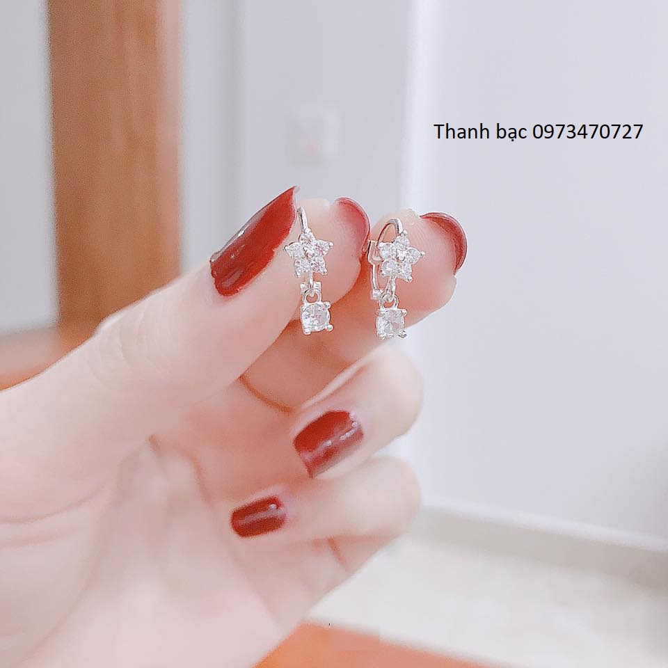 Bông tai nữ bông bấm bạc ta hoa treo đá chủ 3mm BYL JEWELRY