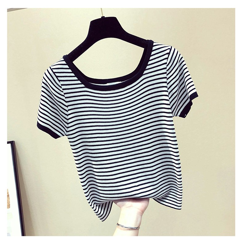 SUXI Áo Thun Dệt Kim Tay Ngắn Cổ Tròn Kẻ Sọc Trẻ Trung Hợp Thời Trang