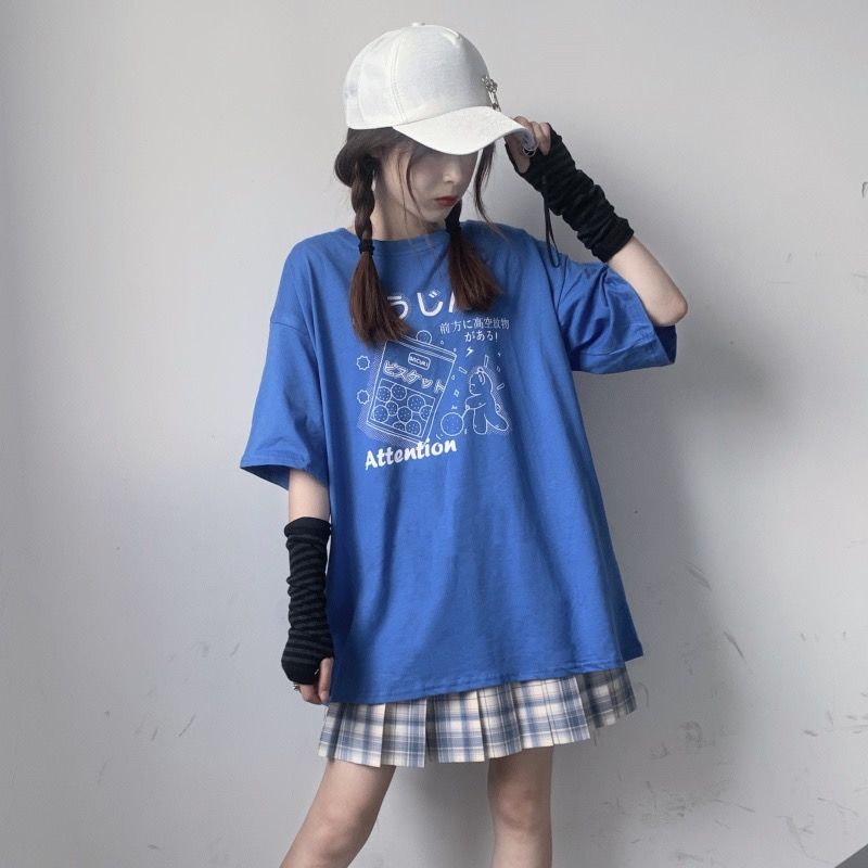 Áo thun đen tay lỡ dáng rộng phong cách Hàn Quốc Harajuku cho nữ sinh
