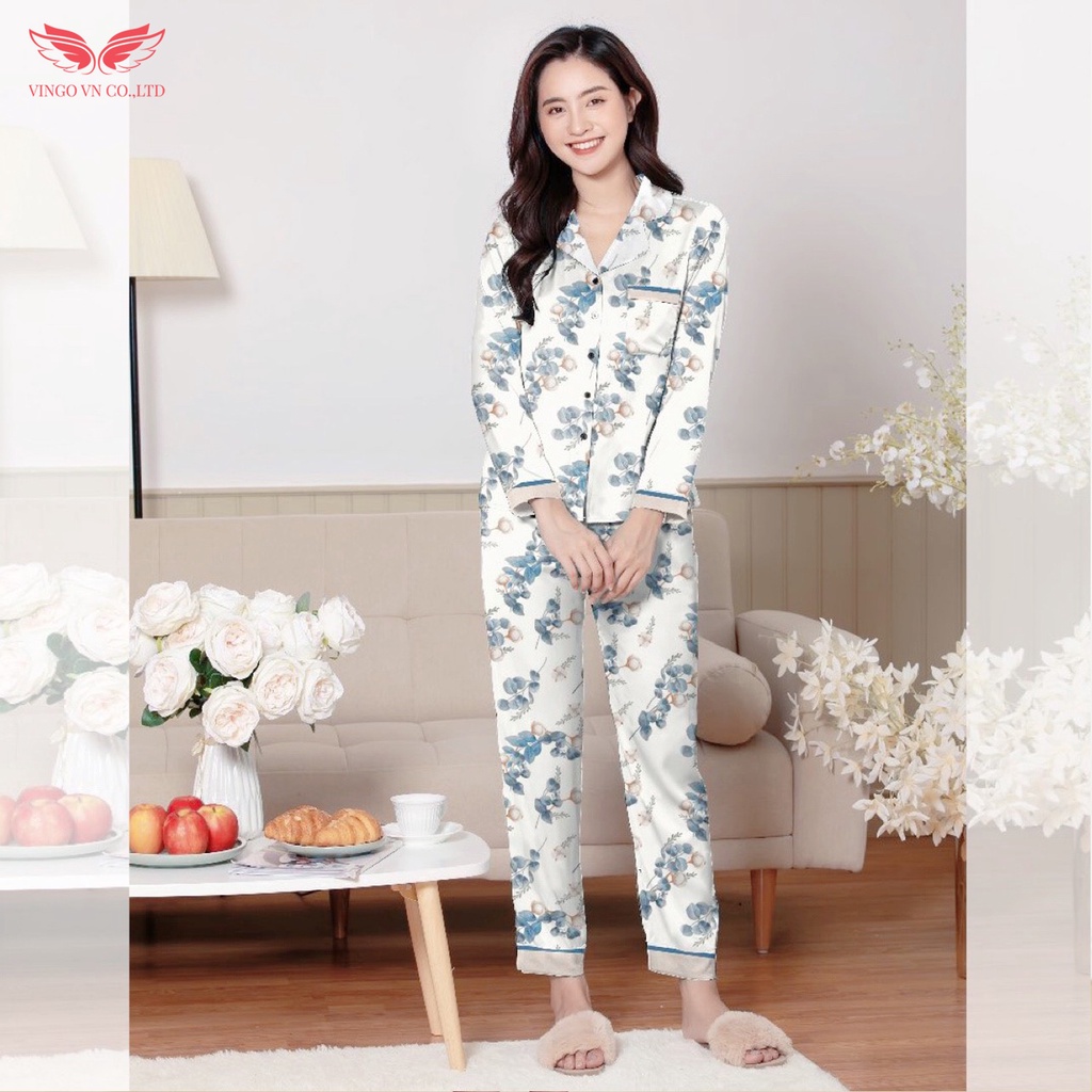 Đồ bộ nữ Pijama mặc nhà Lụa cao cấp mùa hè VINGO tay dài quần dài bông trắng dễ thương H593 VNGO