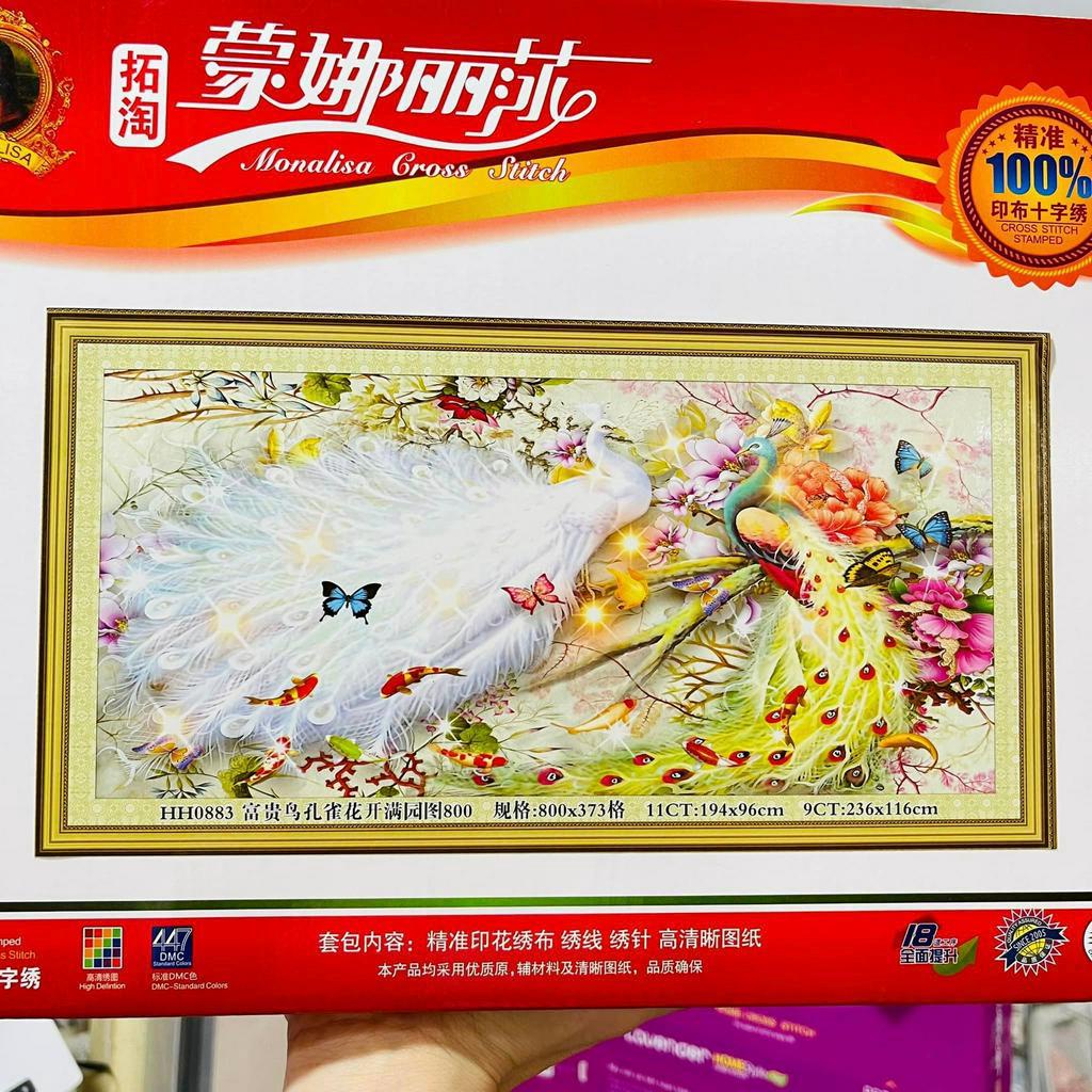 Tranh thêu chữ thập chim công phu thê viên mãn 194*96cm