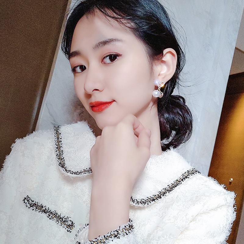 Bông Tai Mạ Bạc 925 Hình Trái Tim Đính Ngọc Trai Đơn Giản Thời Trang