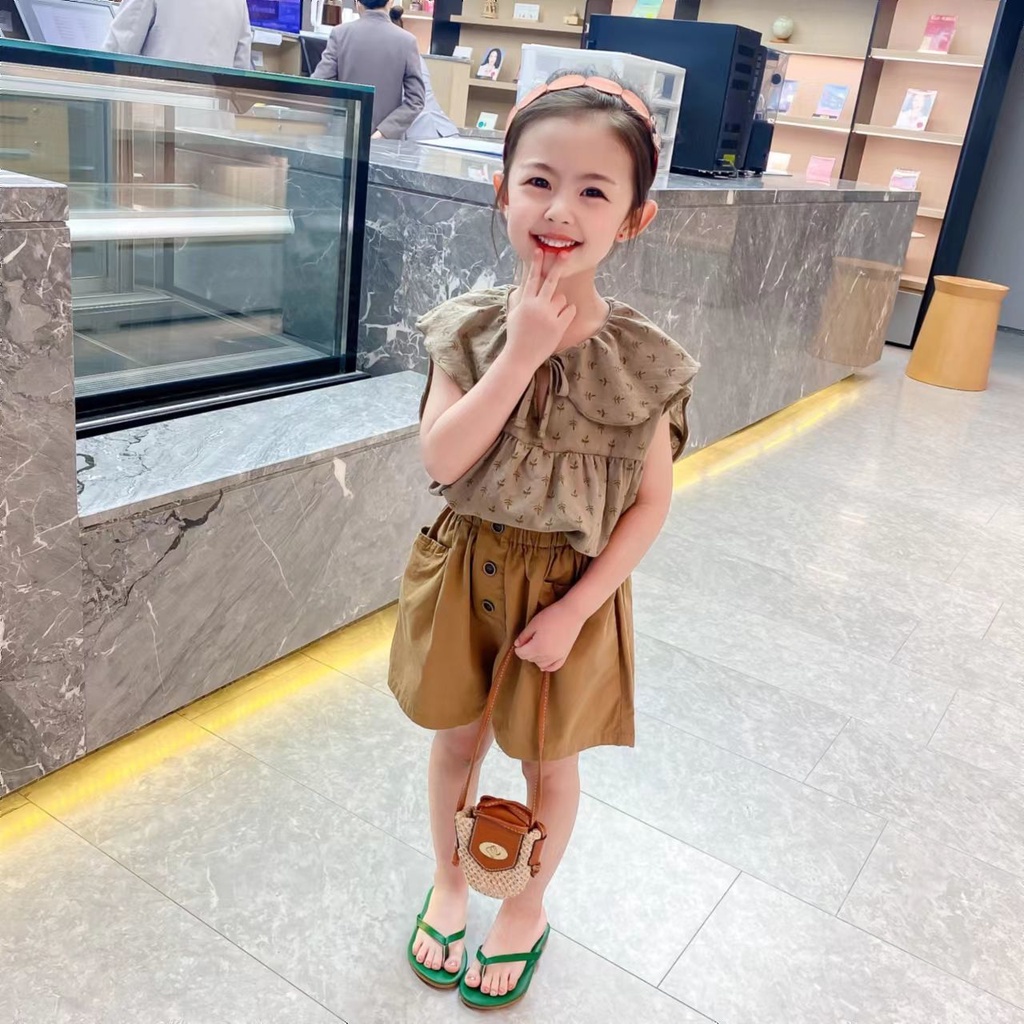 Set Đồ Mùa Hè 5 Món Gồm Áo Sơ Mi Cotton Tay Cộc + Quần Ngắn Hợp Thời Trang Cho Bé Gái