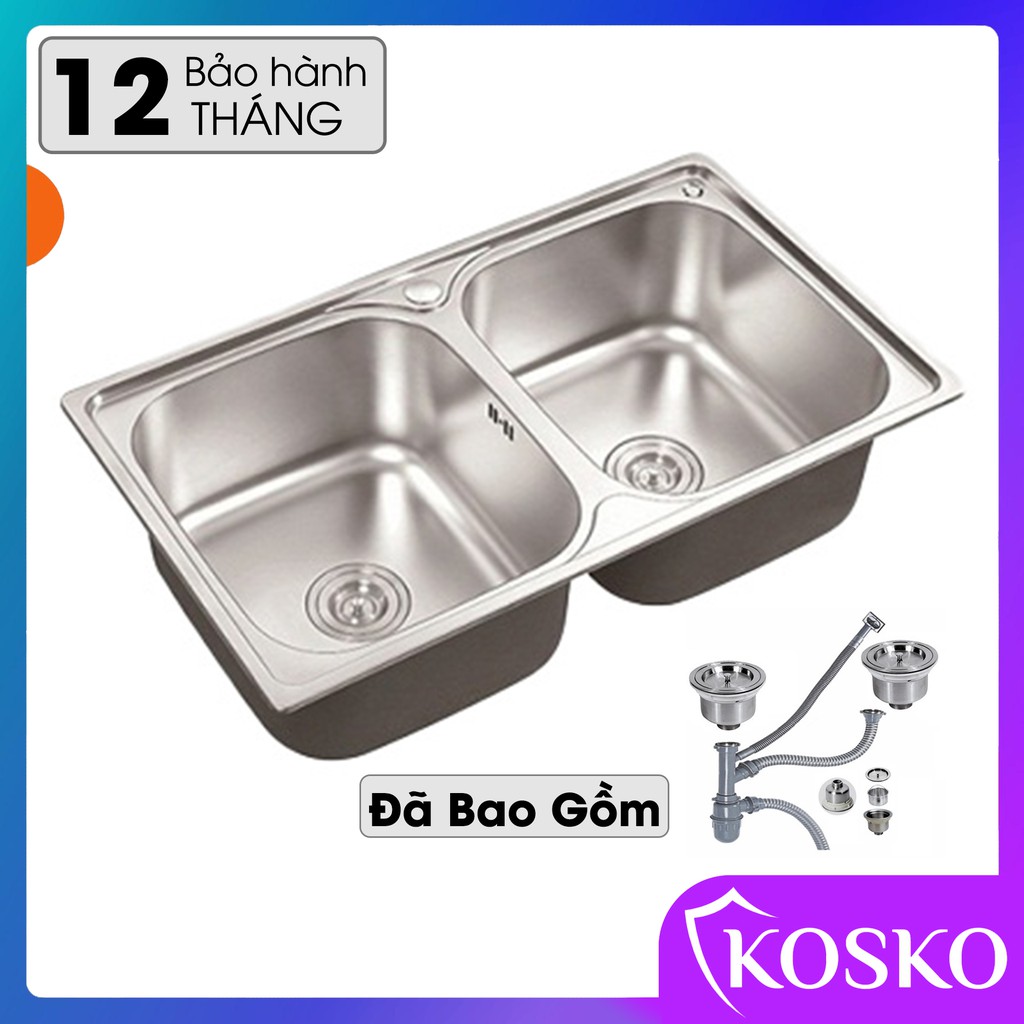 Chậu rửa bát inox 304 Kosko 78x43cm hố to đã bao gồm bộ xả thoát nước (Bảo hàng 12 tháng), chậu rửa chén inox