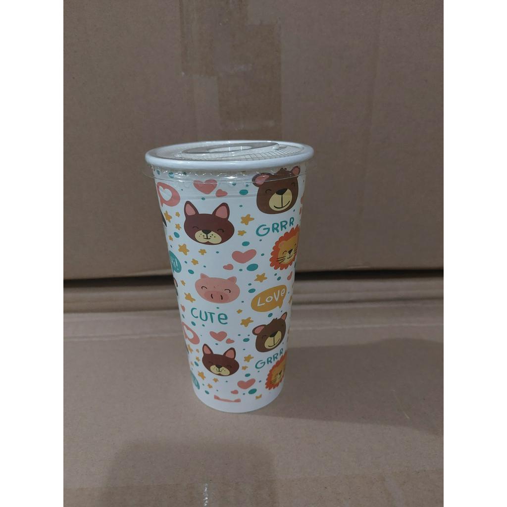 Ly giấy 22oz - 650ml mẫu Gấu Con, Set 100 cái kèm nắp