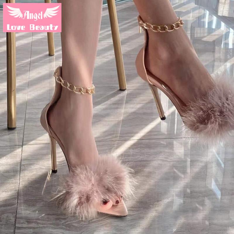 Angel ~ [Hàng Có Sẵn] Sandal Cao Gót Hở Ngón Phối Lông Và Dây Xích Kim Loại Phong Cách Mới Cho Nữ
