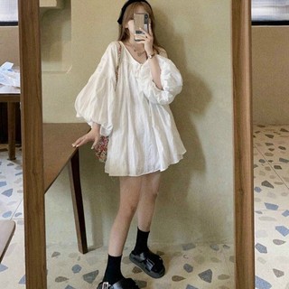 Set ulzzang đầm babydoll trắng chất xô tay phồng